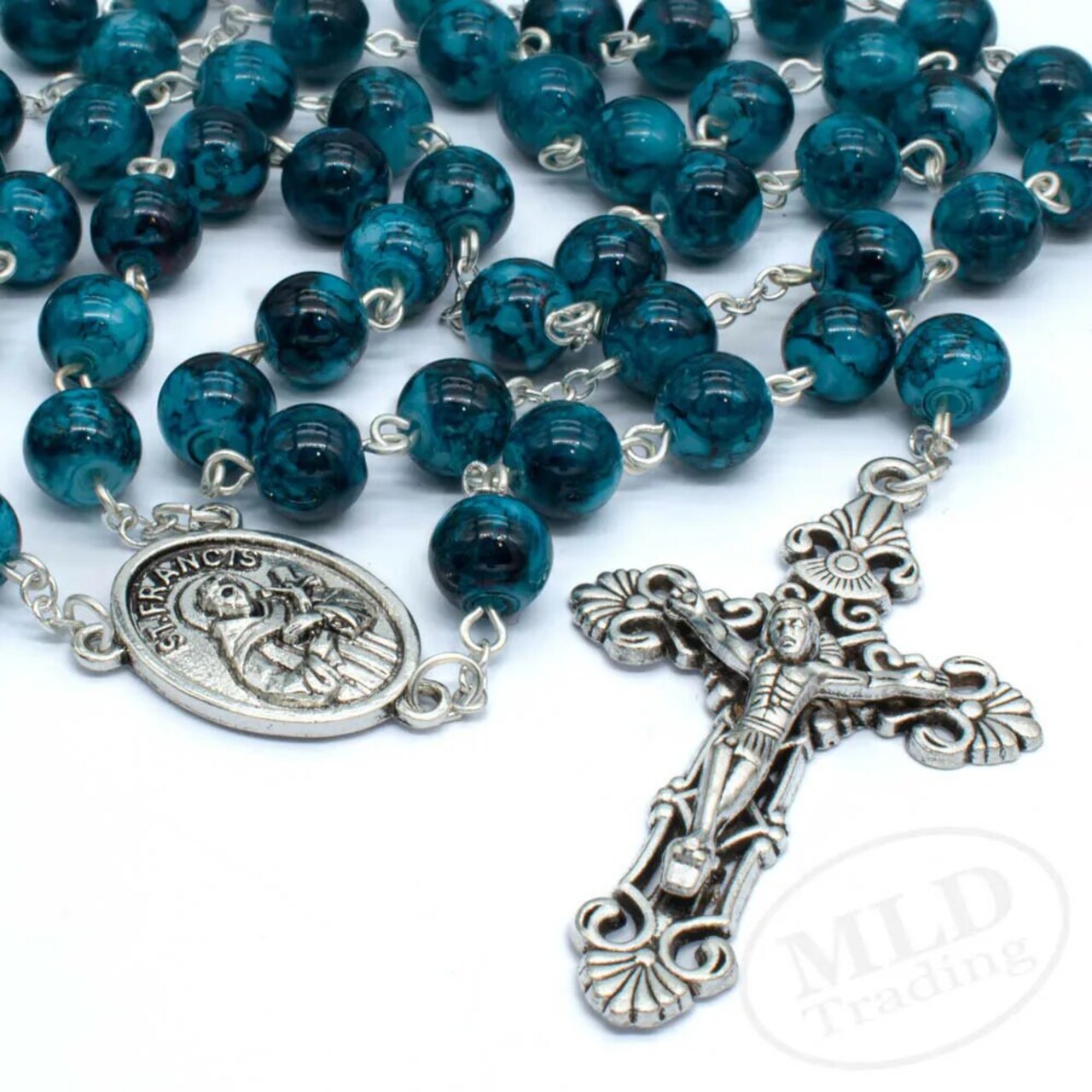 Kitcheniva 22" 8mm Blue Marble Glass Beads Saint St Francis Rosary Necklace